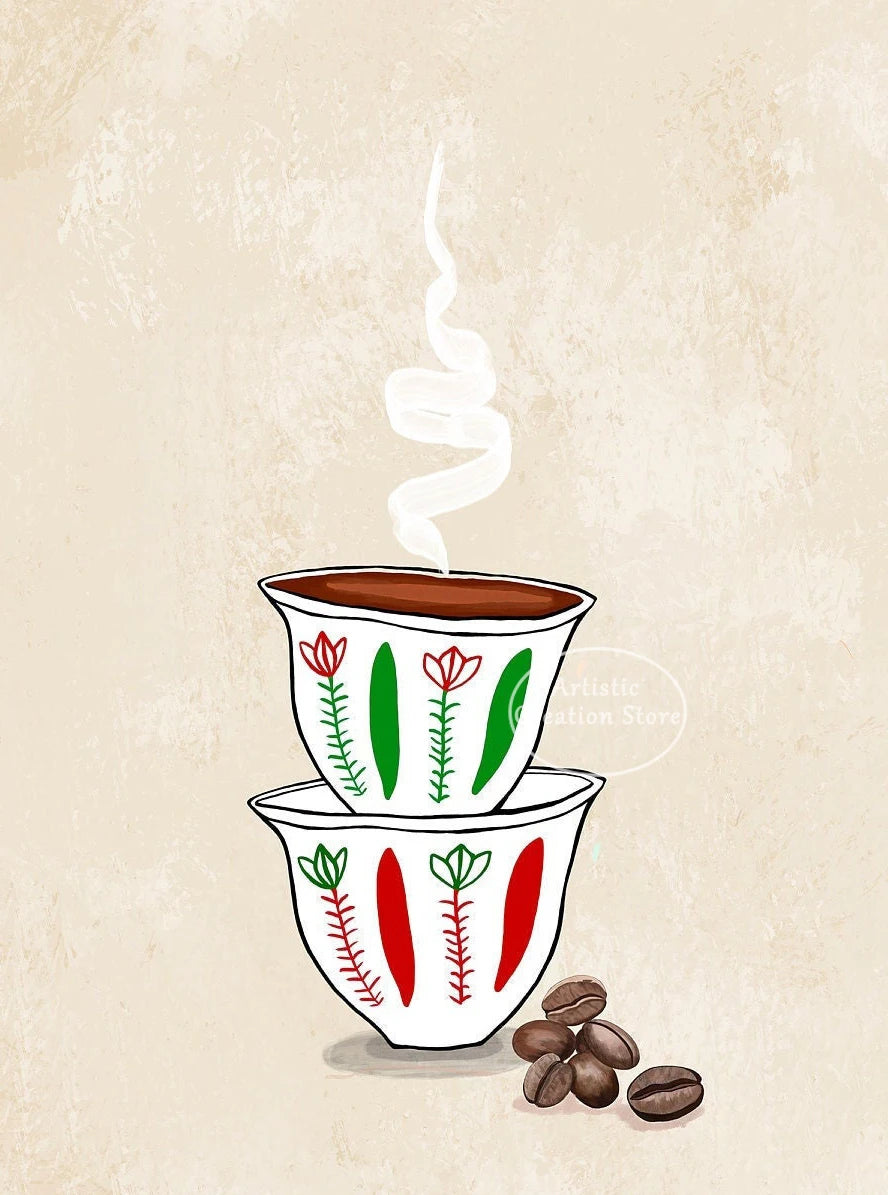 Stacked Finjan Cups With Coffee Beans Wall Art