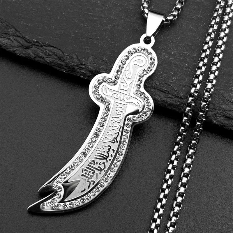 Islamic Imam Ali Zulfiqar Sword Pendant Necklace Stainless Steel Gold Color Rhinestones Arabic Chain Jewelry Gift