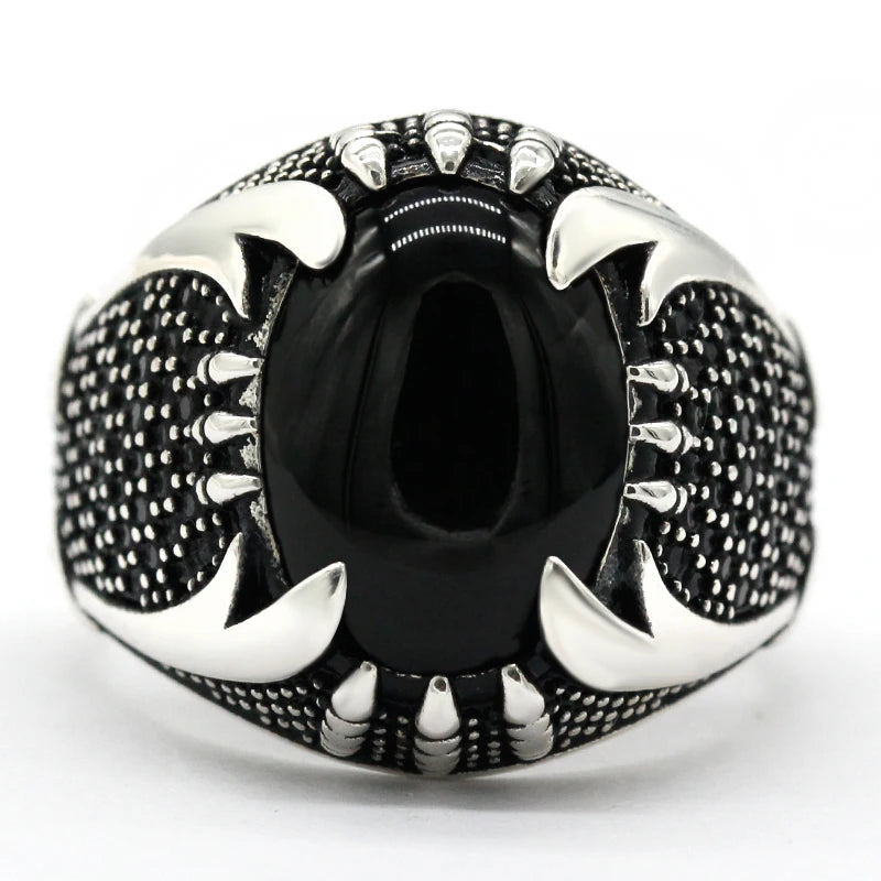925 Sterling Silver Islamic Men Ring with Black Agate Zulfiqar Sword
