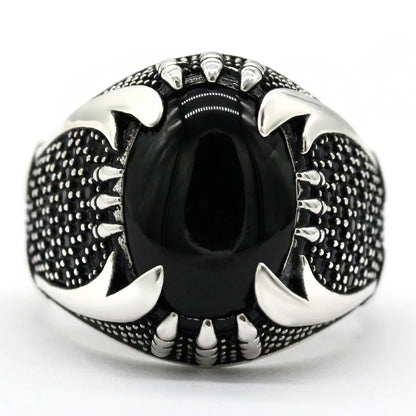 925 Sterling Silver Islamic Men Ring with Black Agate Zulfiqar Sword