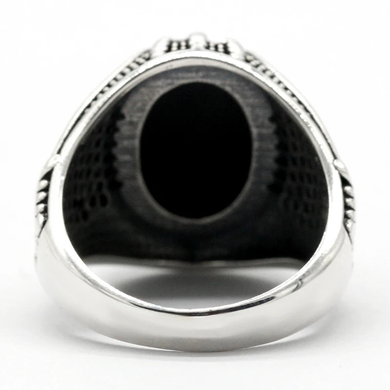 925 Sterling Silver Islamic Men Ring with Black Agate Zulfiqar Sword