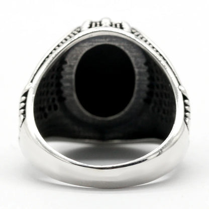 925 Sterling Silver Islamic Men Ring with Black Agate Zulfiqar Sword