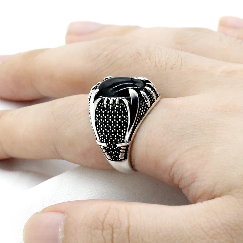 925 Sterling Silver Islamic Men Ring with Black Agate Zulfiqar Sword
