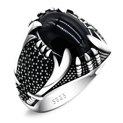 925 Sterling Silver Islamic Men Ring with Black Agate Zulfiqar Sword