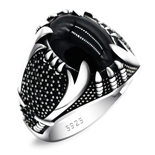 925 Sterling Silver Islamic Men Ring with Black Agate Zulfiqar Sword