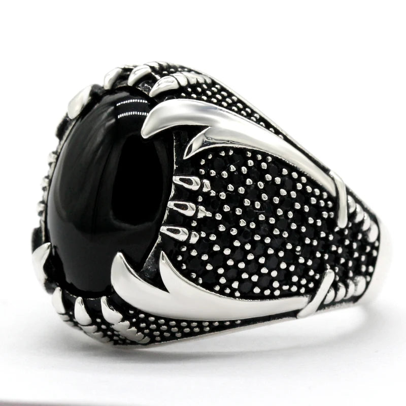 925 Sterling Silver Islamic Men Ring with Black Agate Zulfiqar Sword