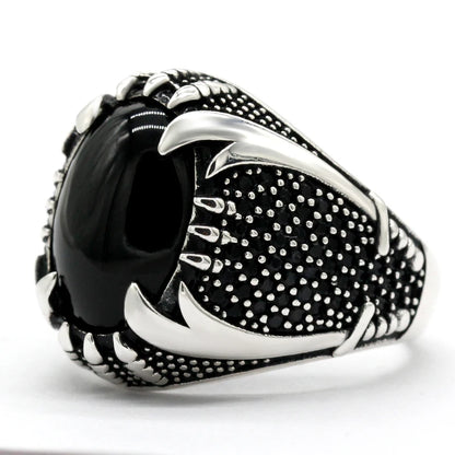 925 Sterling Silver Islamic Men Ring with Black Agate Zulfiqar Sword