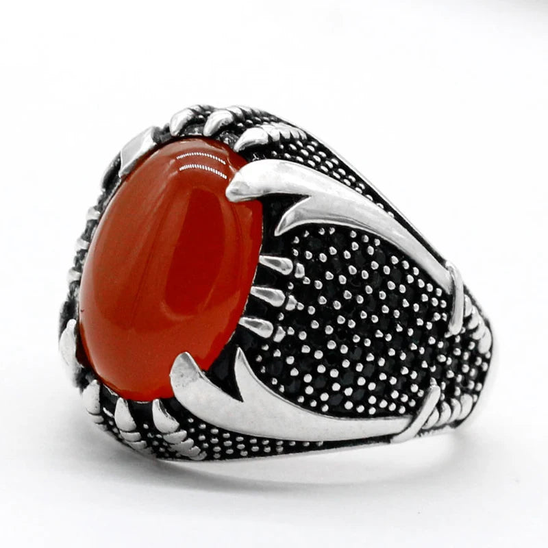 925 Sterling Silver Islamic Men Ring with Black Agate Zulfiqar Sword