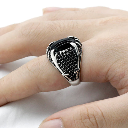 925 Sterling Silver Islamic Men Ring with Black Agate Zulfiqar Sword