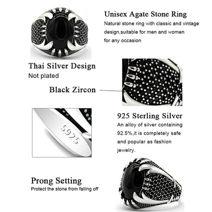 925 Sterling Silver Islamic Men Ring with Black Agate Zulfiqar Sword