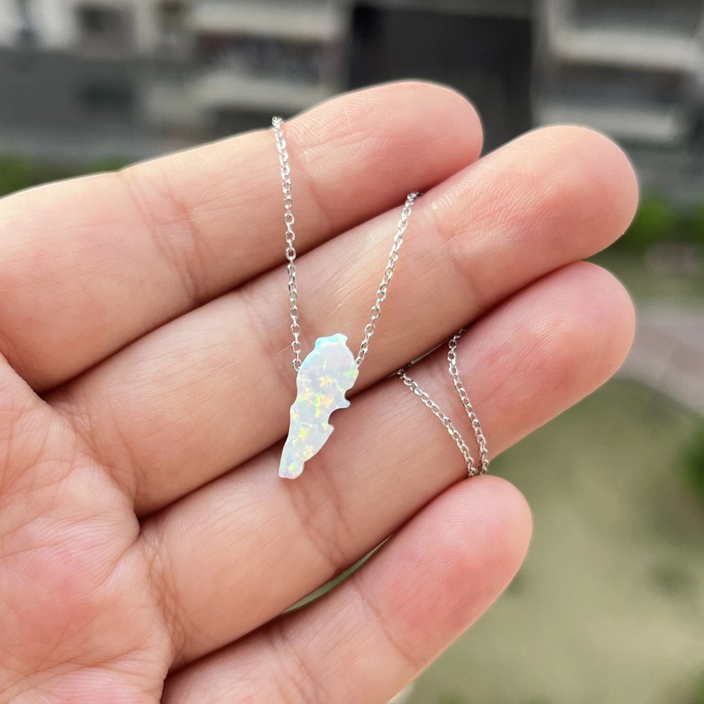 (1pc/lot)High Quality White and Green 6.7x16.7mm Synthetic Opal Lebanon Map Necklace Jewelry with 925 Silver chain
