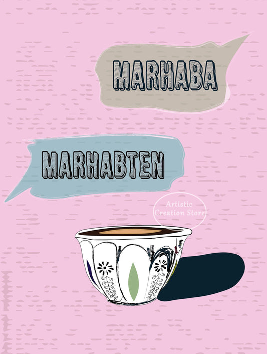 Pink Marhaba Greeting Arabic Coffee Cup Art