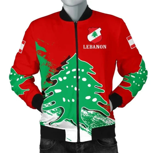 Men's Vintage Lebanon Flag Pattern Printed Zip Up Jacket
