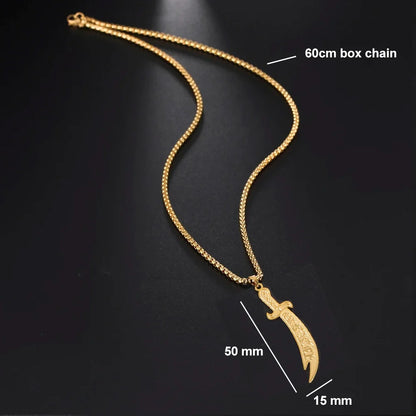 Imam Ali Zulfiqar Sword Pendant Necklace for Men Women Stainless Steel Long Chain Muslim Islamic Arabic Calligraphy Jewelry Gift