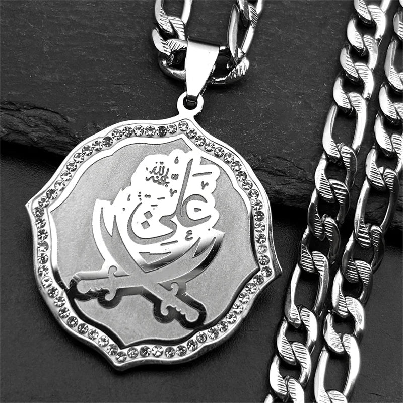 Imam Ali Sword Muslim Quran Islam Knife Pendant Necklace For Men Women Stainless Steel Arabic Zulfiqar Chain Rhinestones Jewlery
