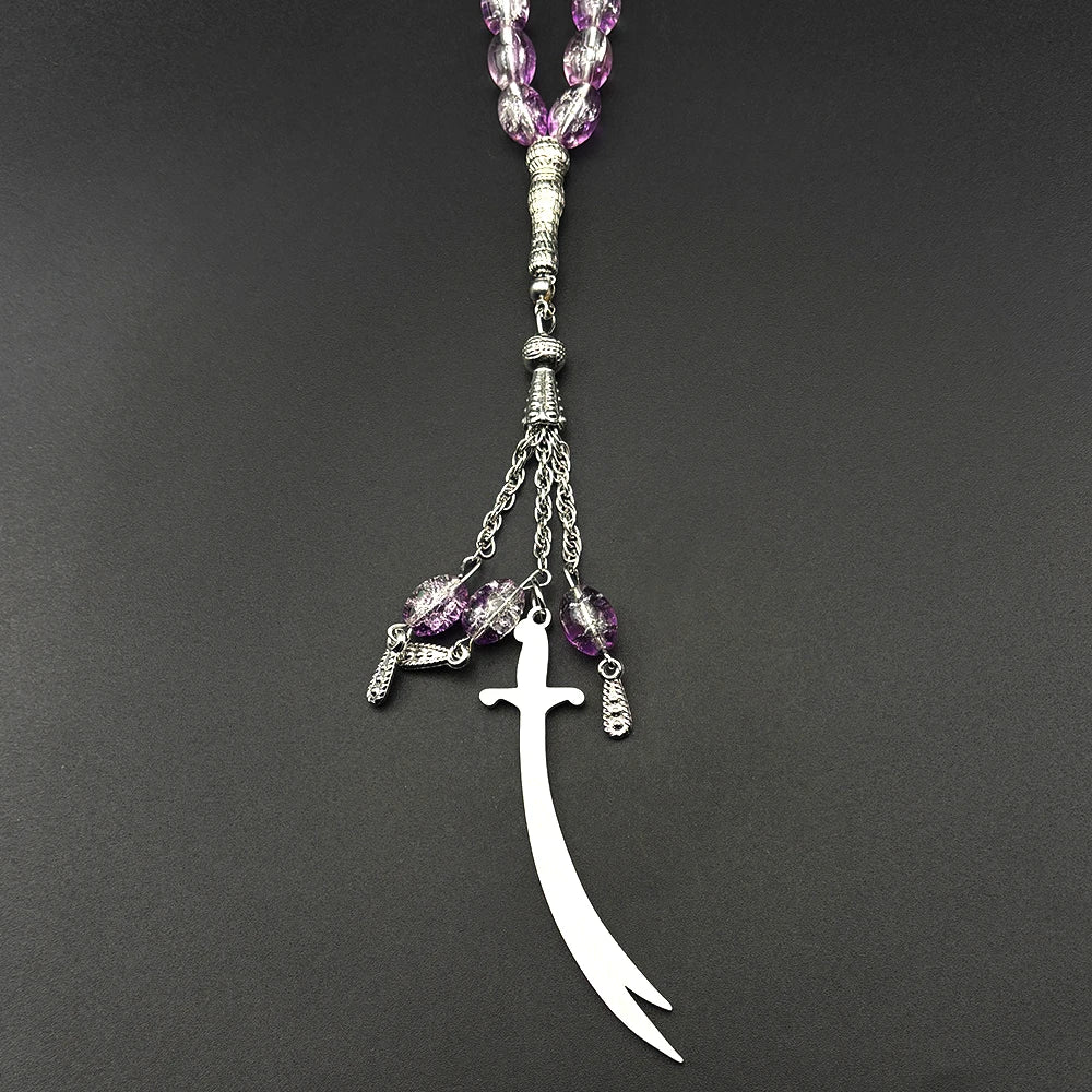 Zulfiqar Sword Purple Glass Prayer Beads