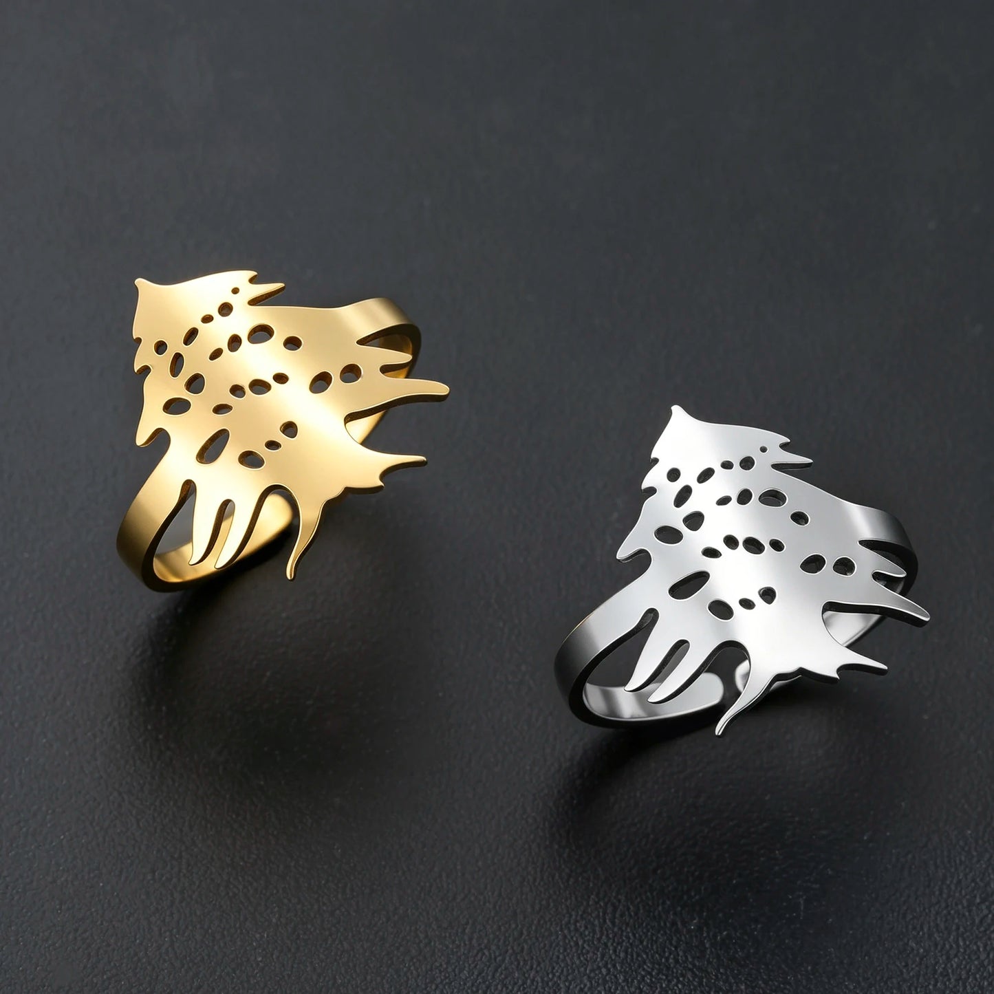 Lebanon Cedar Tree Open Ring Adjustable Stainless Steel Band Classic National Symbol Jewelry Punk Casual Finger Ring G