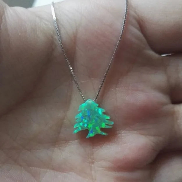 Lebanon Map Cedar Tree Opal Tree Pendant Necklace Men Women Ethnic Jewelry