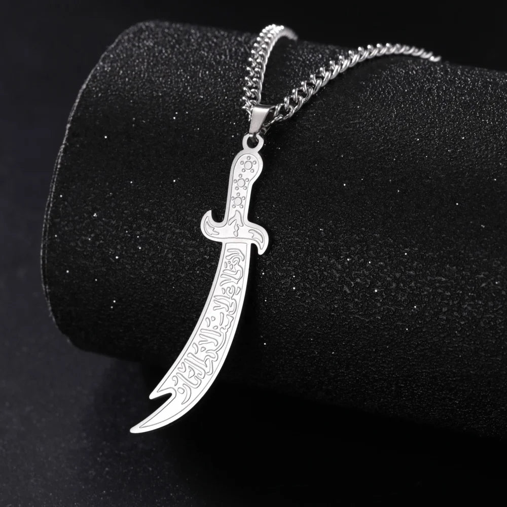 Imam Ali Zulfiqar Sword Pendant Necklace for Men Women Stainless Steel Long Chain Muslim Islamic Arabic Calligraphy Jewelry Gift