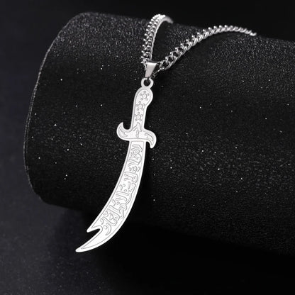 Imam Ali Zulfiqar Sword Pendant Necklace for Men Women Stainless Steel Long Chain Muslim Islamic Arabic Calligraphy Jewelry Gift