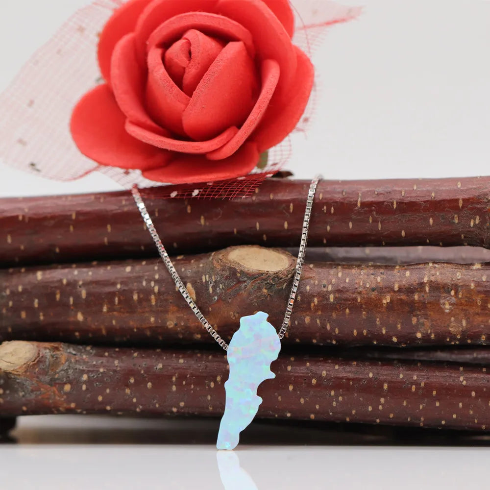 (1pc/lot)High Quality White and Green 6.7x16.7mm Synthetic Opal Lebanon Map Necklace Jewelry with 925 Silver chain