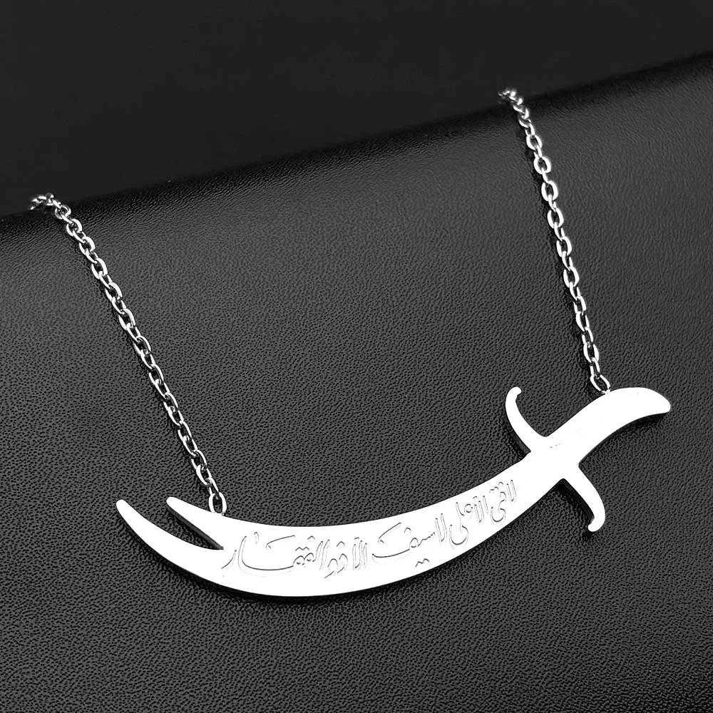 Islamic Imam Ali Zulfiqar Sword Pendant Stainless Steel Gold Color Arabic Muslim Choker Chain Jewelry