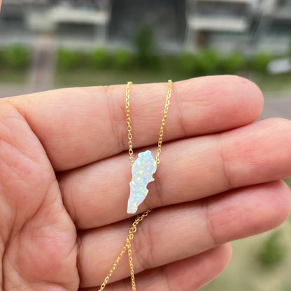 (1pc/lot)High Quality White and Green 6.7x16.7mm Synthetic Opal Lebanon Map Necklace Jewelry with 925 Silver chain
