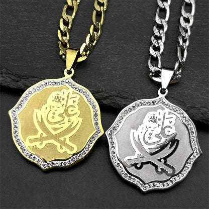 Imam Ali Sword Muslim Quran Islam Knife Pendant Necklace For Men Women Stainless Steel Arabic Zulfiqar Chain Rhinestones Jewlery