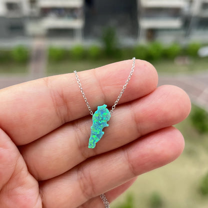 (1pc/lot)High Quality White and Green 6.7x16.7mm Synthetic Opal Lebanon Map Necklace Jewelry with 925 Silver chain