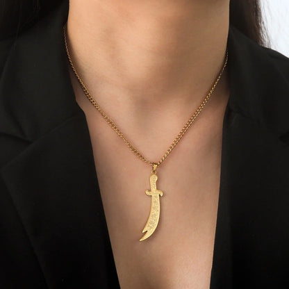 Imam Ali Zulfiqar Sword Pendant Necklace for Men Women Stainless Steel Long Chain Muslim Islamic Arabic Calligraphy Jewelry Gift