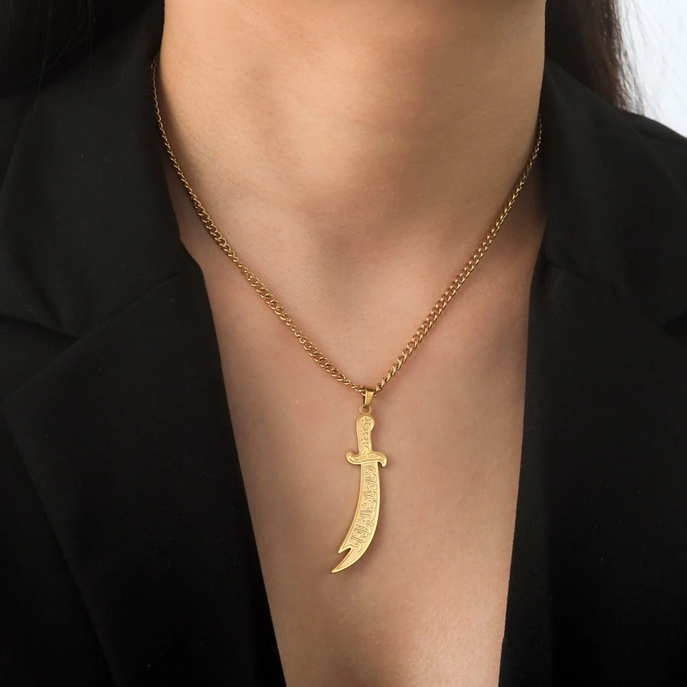 Imam Ali Zulfiqar Sword Pendant Necklace for Men Women Stainless Steel Long Chain Muslim Islamic Arabic Calligraphy Jewelry Gift