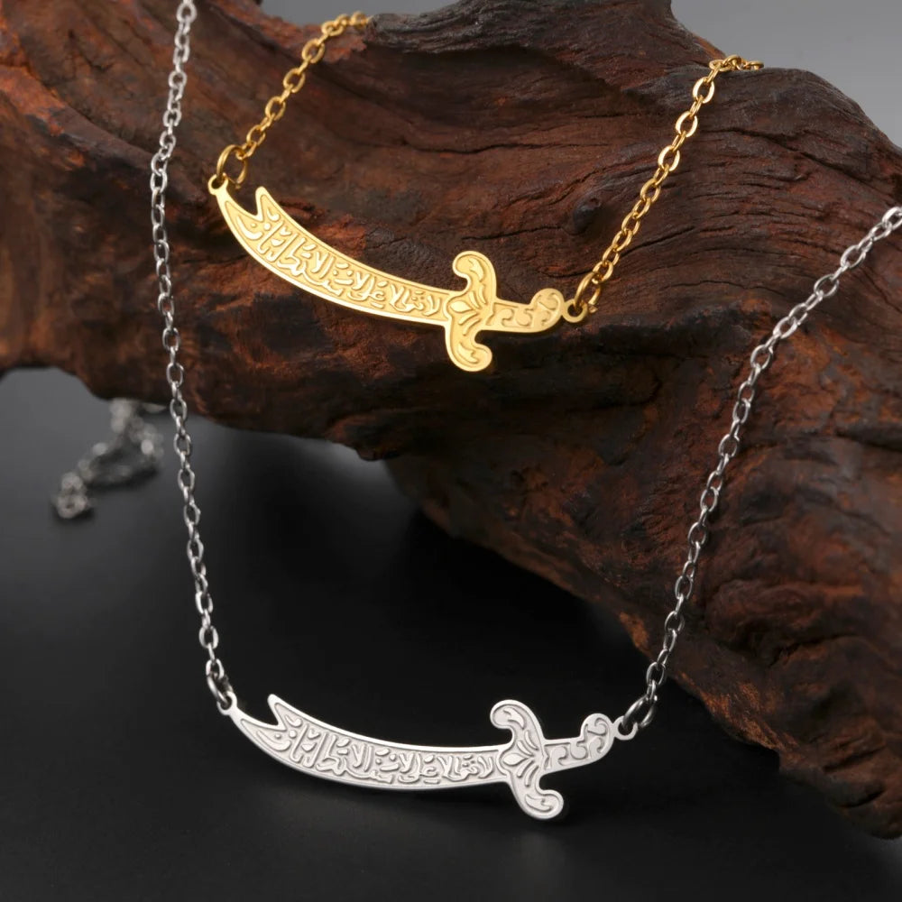 Imam Ali Zulfiqar Sword Pendant Necklace for Men Women Stainless Steel Long Chain Muslim Islamic Arabic Calligraphy Jewelry Gift