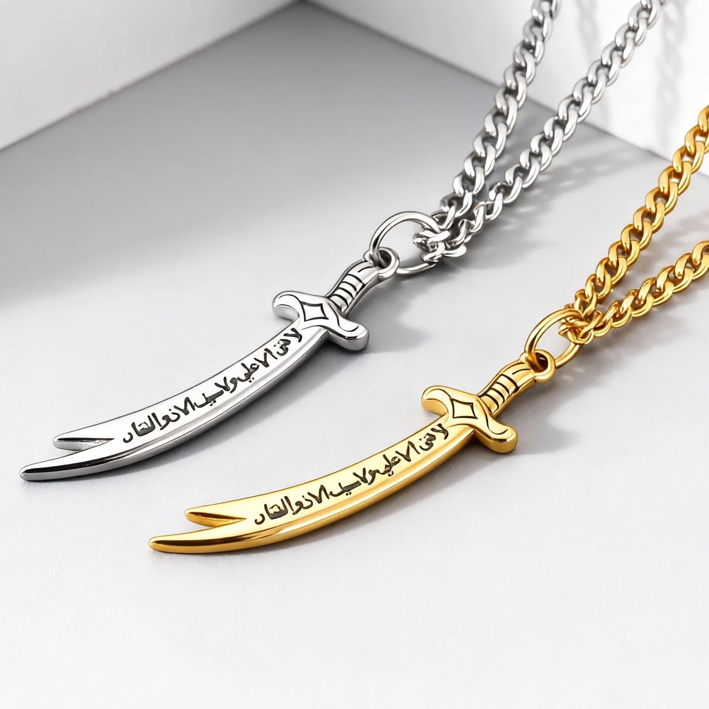 Stainless Steel Zulfiqar Sword Pendant Necklace for Men Women Islamic Arabic Phrases Courage Symbol Jewelry Gifts