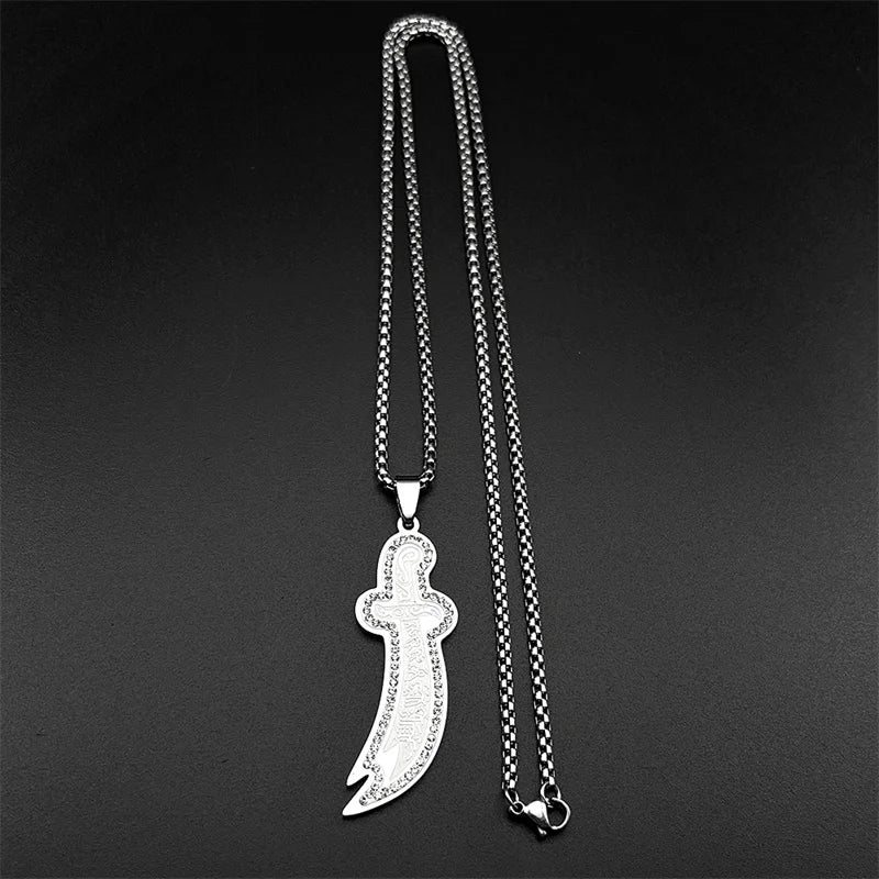 Islamic Imam Ali Zulfiqar Sword Pendant Necklace Stainless Steel Gold Color Rhinestones Arabic Chain Jewelry Gift