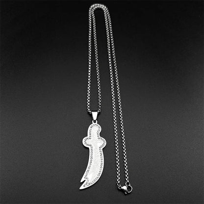 Islamic Imam Ali Zulfiqar Sword Pendant Necklace Stainless Steel Gold Color Rhinestones Arabic Chain Jewelry Gift