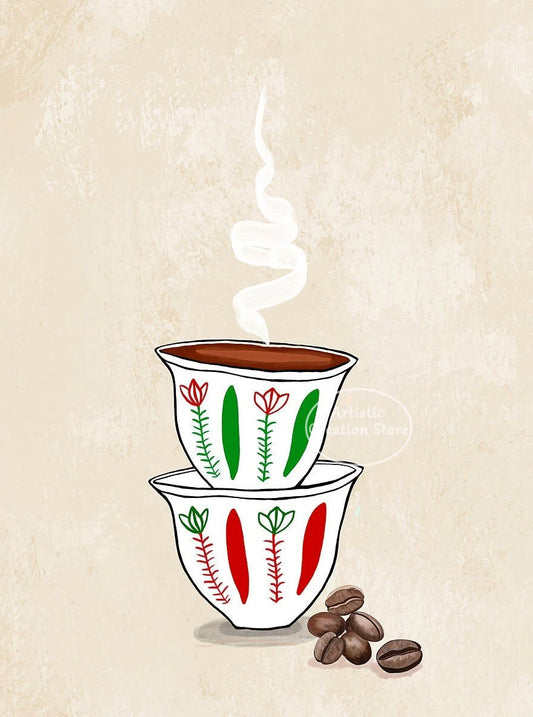 Stacked Finjan Cups With Coffee Beans Wall Art