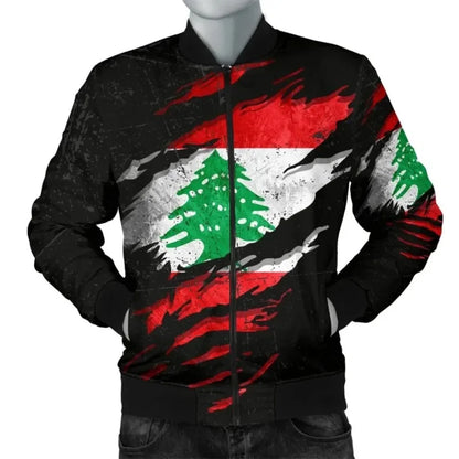 Torn Grunge Flag Lebanon Print Zip Bomber Jacket