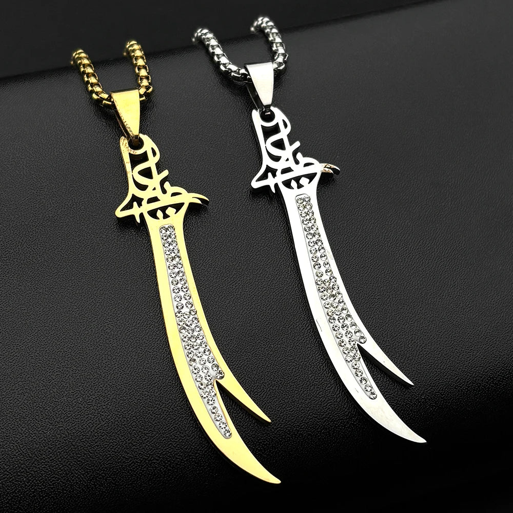 Islamic Imam Ali Zulfiqar Sword Rhinestones Pendant Necklace