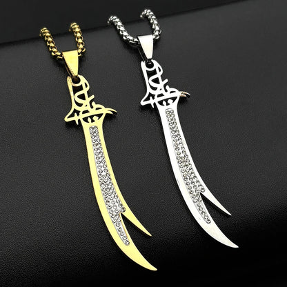 Islamic Imam Ali Zulfiqar Sword Rhinestones Pendant Necklace