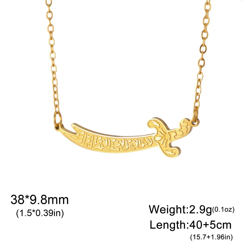 Imam Ali Zulfiqar Sword Pendant Necklace for Men Women Stainless Steel Long Chain Muslim Islamic Arabic Calligraphy Jewelry Gift