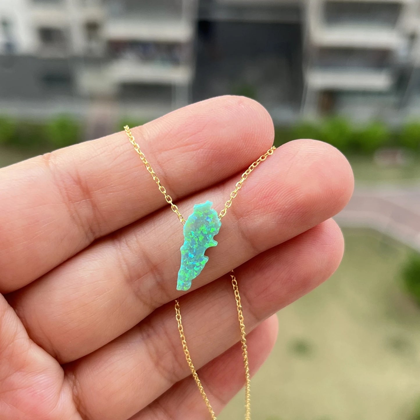 (1pc/lot)High Quality White and Green 6.7x16.7mm Synthetic Opal Lebanon Map Necklace Jewelry with 925 Silver chain