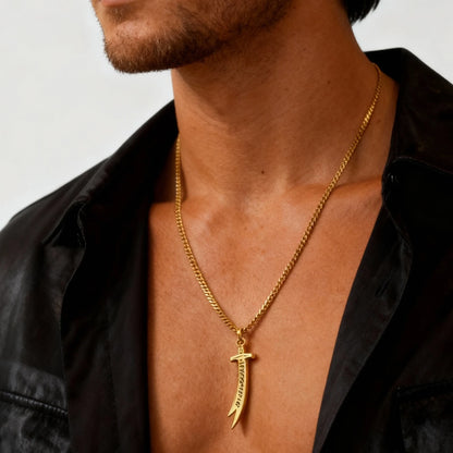 Stainless Steel Zulfiqar Sword Pendant Necklace for Men Women Islamic Arabic Phrases Courage Symbol Jewelry Gifts
