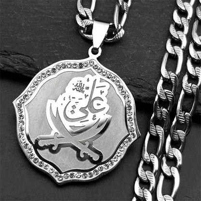 Imam Ali Sword Muslim Quran Islam Knife Pendant Necklace For Men Women Stainless Steel Arabic Zulfiqar Chain Rhinestones Jewlery