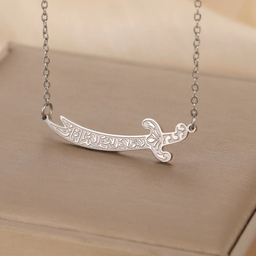 Imam Ali Zulfiqar Sword Pendant Necklace for Men Women Stainless Steel Long Chain Muslim Islamic Arabic Calligraphy Jewelry Gift