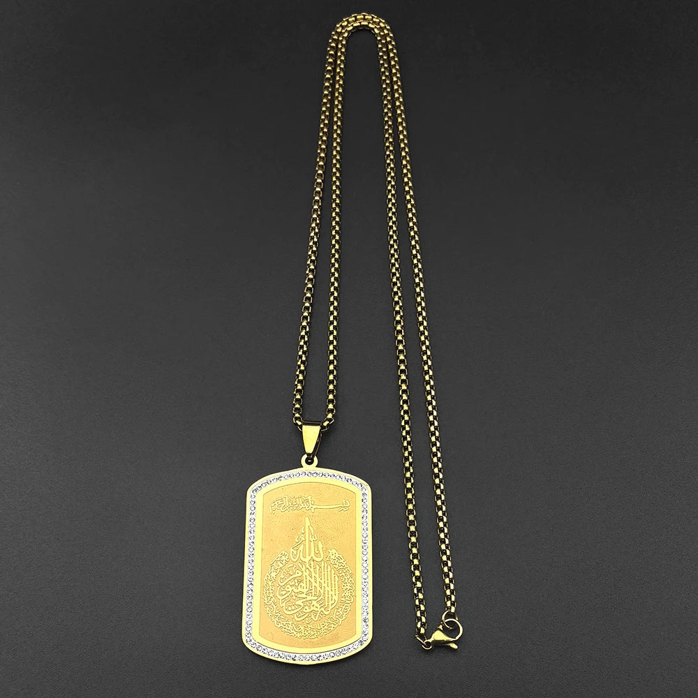 Allah Quran Stainless Steel Rhinestones Pendant Necklace