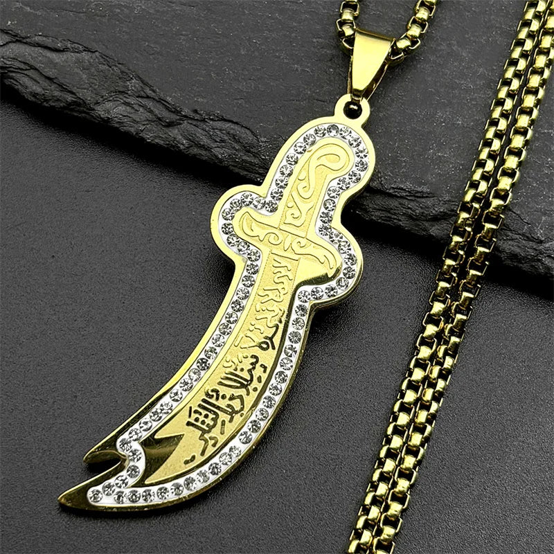 Islamic Imam Ali Zulfiqar Sword Pendant Necklace Stainless Steel Gold Color Rhinestones Arabic Chain Jewelry Gift
