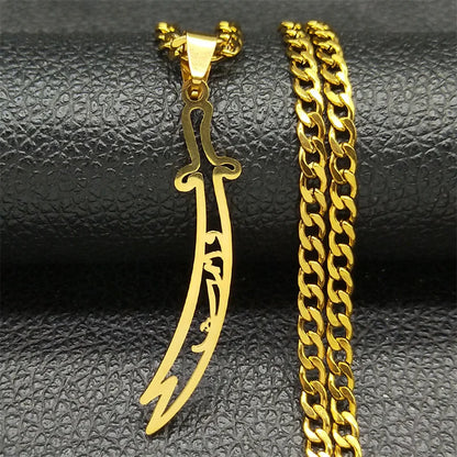 Imam Ali Zulfiqar Sword Pendant Necklace for Women Men Stainless Steel Gold Color Hollow Islamic Muslim Knife Chain Jewelry