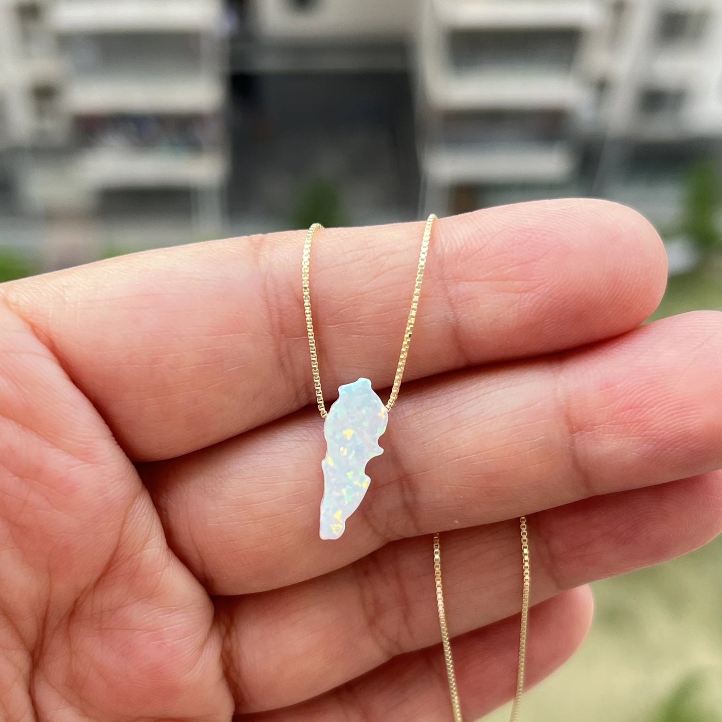 (1pc/lot)High Quality White and Green 6.7x16.7mm Synthetic Opal Lebanon Map Necklace Jewelry with 925 Silver chain