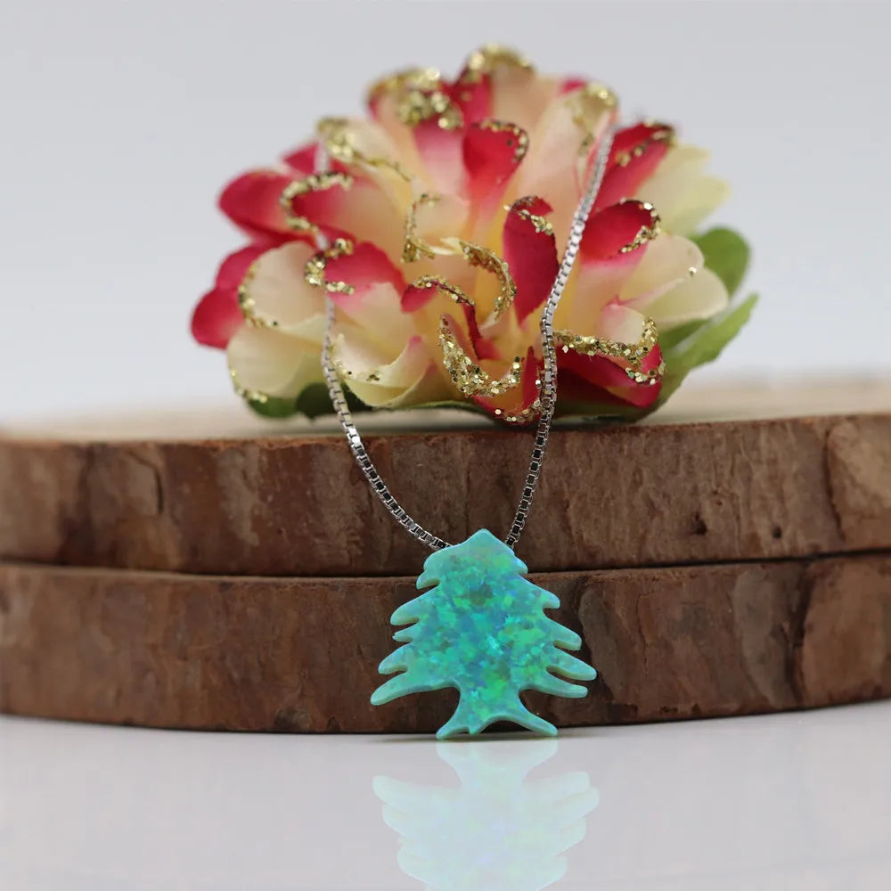 Lebanon Map Cedar Tree Opal Tree Pendant Necklace Men Women Ethnic Jewelry