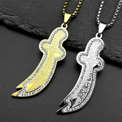 Islamic Imam Ali Zulfiqar Sword Pendant Necklace Stainless Steel Gold Color Rhinestones Arabic Chain Jewelry Gift